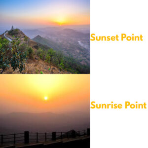 A split image showing a golden sunset over rolling green hills on top, and a misty, glowing orange sunrise seen from a fenced viewpoint below.