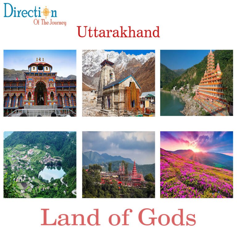 Scenic view of Uttarakhand featuring the Himalayan mountains, Kedarnath Temple, Rishikesh, Nainital Lake, and lush green valleys.