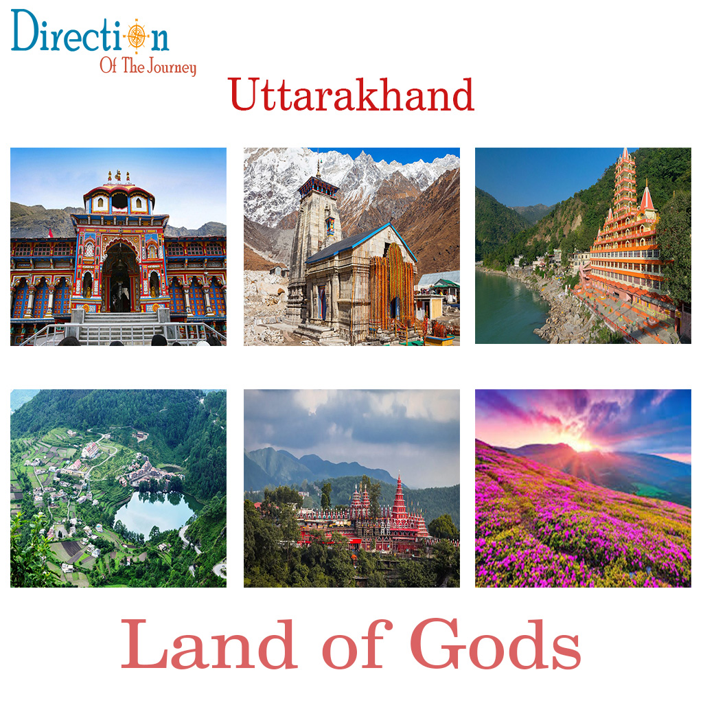 Scenic view of Uttarakhand featuring the Himalayan mountains, Kedarnath Temple, Rishikesh, Nainital Lake, and lush green valleys.