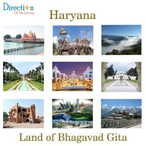 Golden fields, Brahma Sarovar in Kurukshetra, Morni Hills, Surajkund Crafts Mela, and Gurugram skyline representing Haryana tourism.