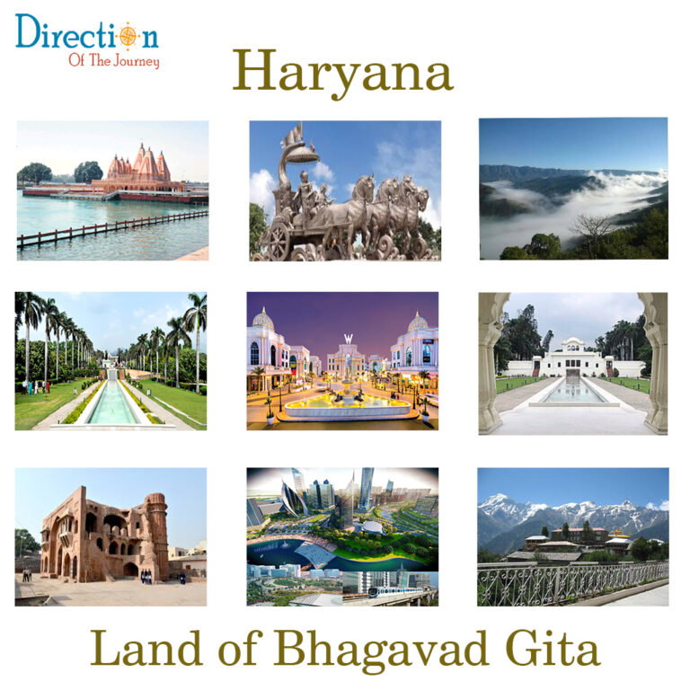 Golden fields, Brahma Sarovar in Kurukshetra, Morni Hills, Surajkund Crafts Mela, and Gurugram skyline representing Haryana tourism.
