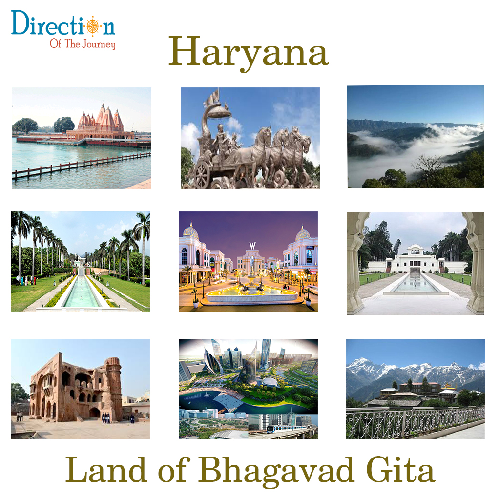 Golden fields, Brahma Sarovar in Kurukshetra, Morni Hills, Surajkund Crafts Mela, and Gurugram skyline representing Haryana tourism.